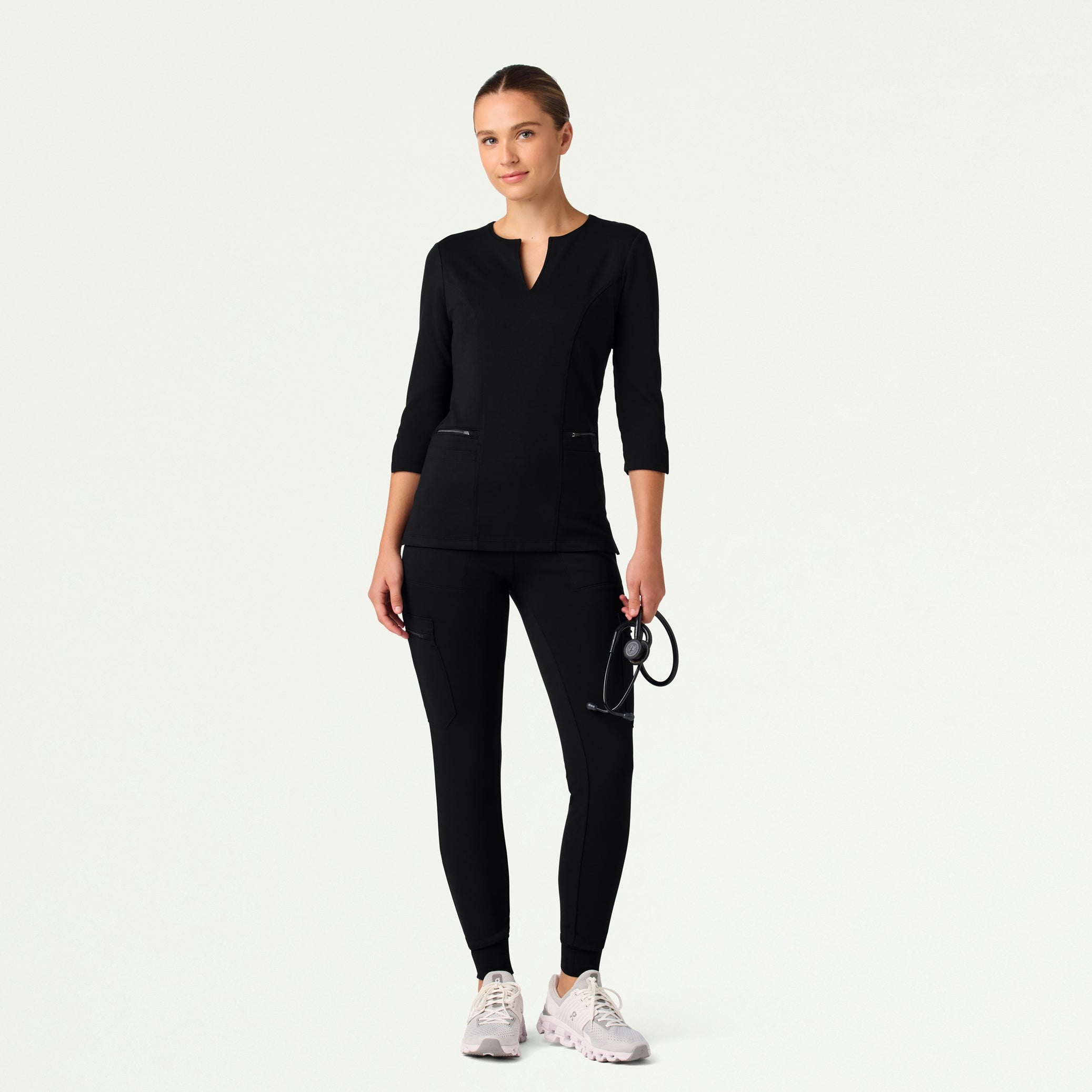 Zoe Slim 3/4-Sleeve UltraSOFT Scrub Top - Black