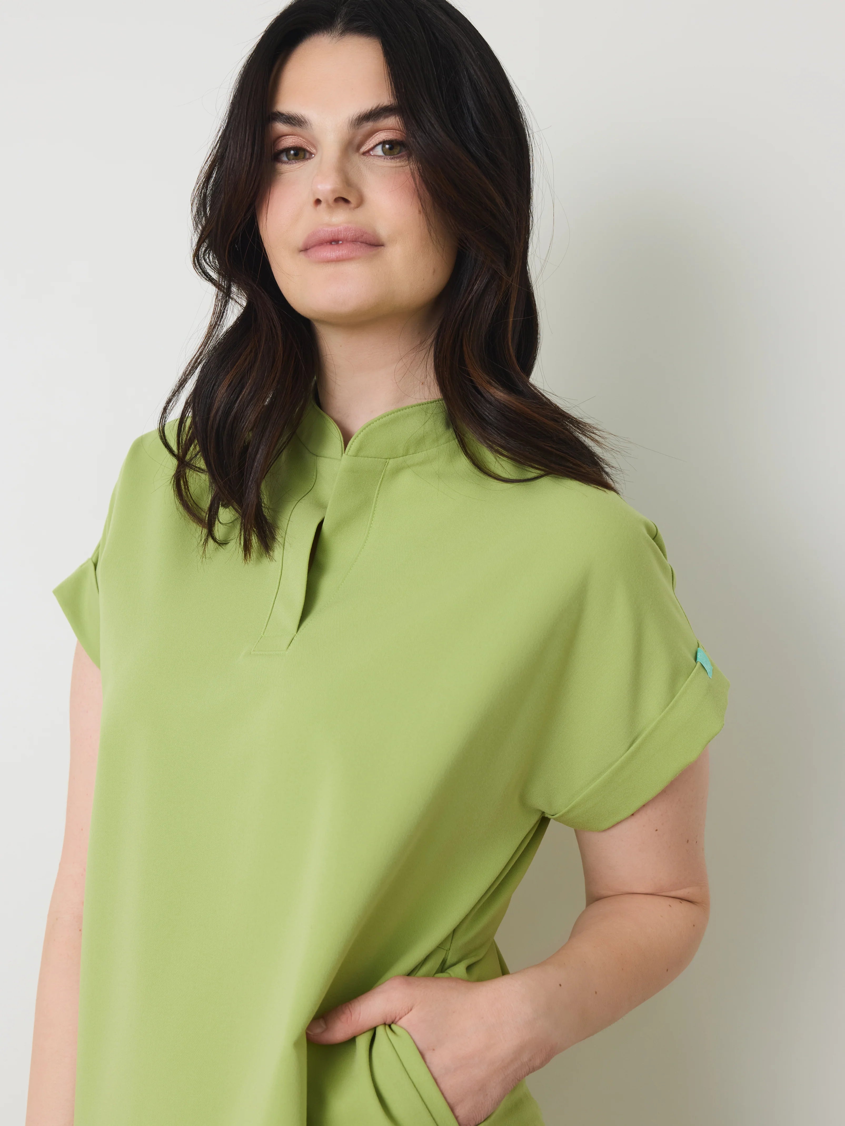 CHARLIE RE-GARDE™ - MOSS GREEN - Mandarine Collar Scrub Top - SILVADUR™ - Final Sale