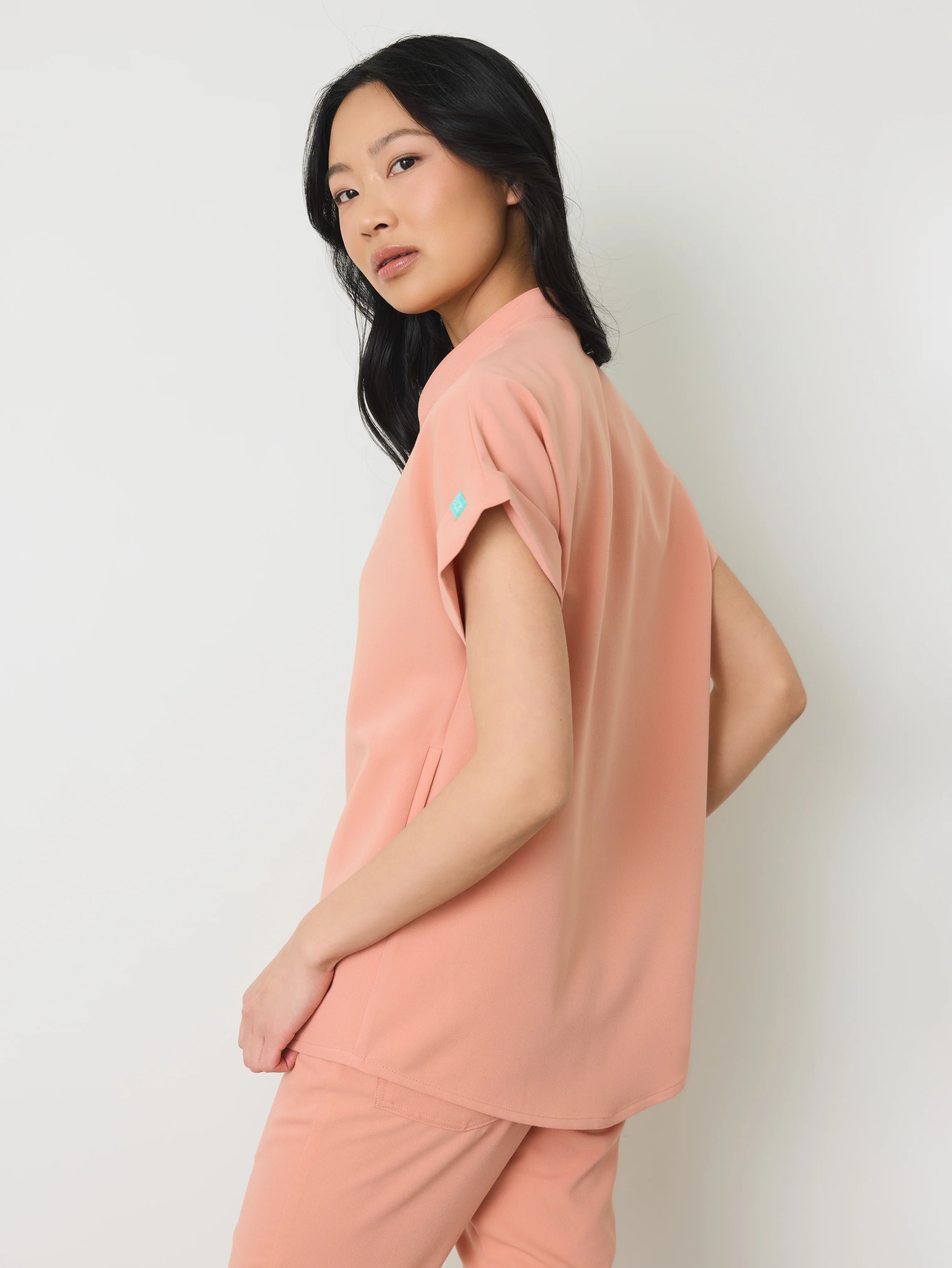CHARLIE RE-GARDE™ - PEACH - Mandarine Collar Scrub Top - SILVADUR™ - Final Sale