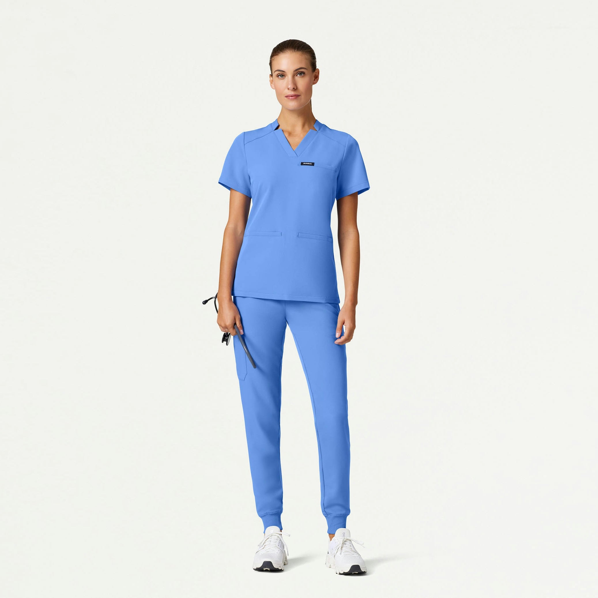 Helia Slim Notched V-Neck Scrub Top - Ceil Blue