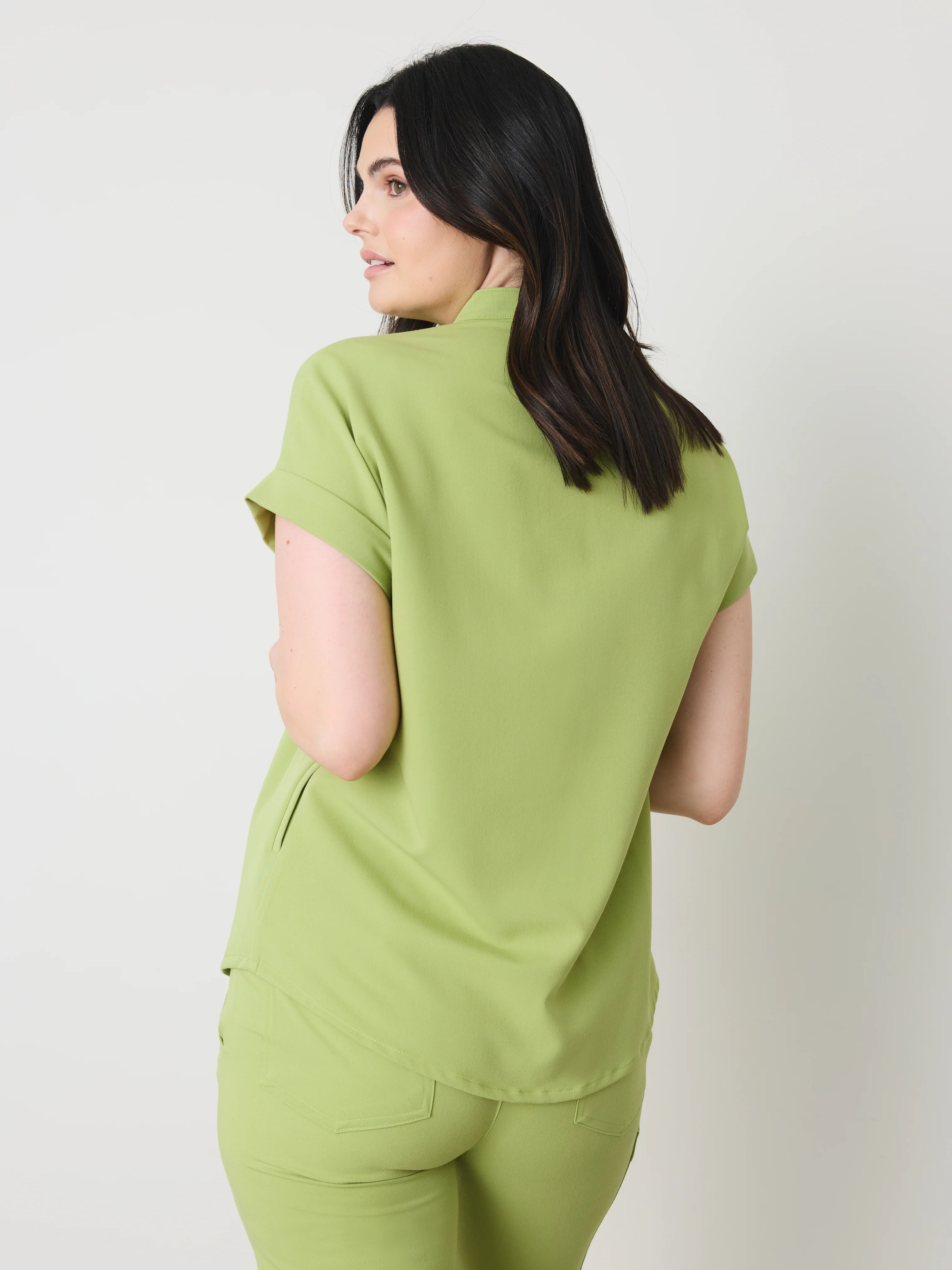 CHARLIE RE-GARDE™ - MOSS GREEN - Mandarine Collar Scrub Top - SILVADUR™ - Final Sale