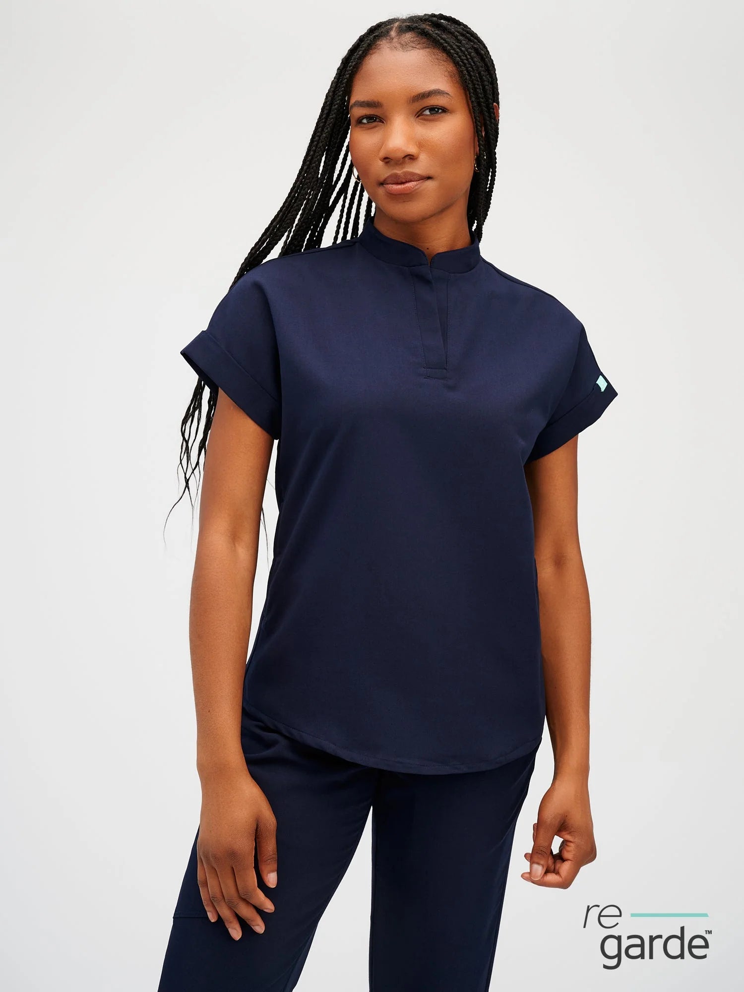 CHARLIE RE-GARDE™ - NAVY - Mandarine Collar Scrub Top - SILVADUR™