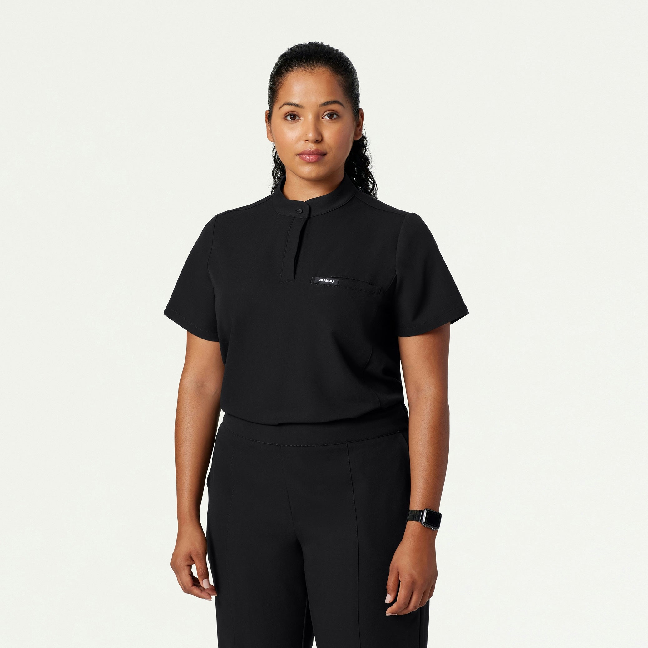 Savi Tuck-In Stand-Collar Scrub Top - Black